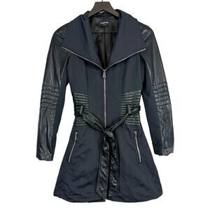 Bebe Black Moto Faux Leather Full Zip Belted Trench Coat Fit Flare - XS